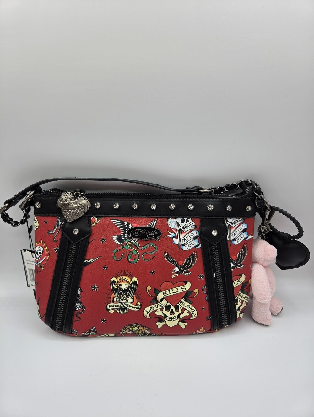 Ed Hardy Red Tattoo-Print Crossbody with Black Trim and Pink Charm